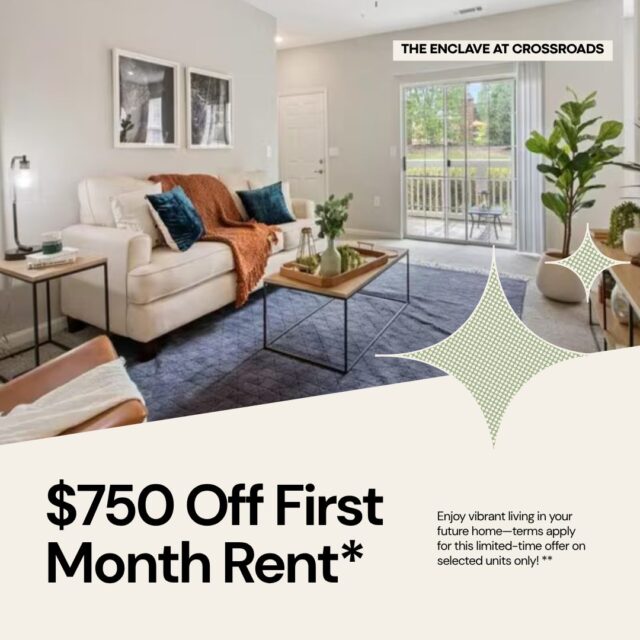 ✨ Limited-Time Offer at The Enclave at Crossroads ✨

Get $750 OFF your first month’s rent or have your application & admin fees waived — on select units only!

Modern living, incredible savings, and no hidden fees?
Now that’s a smart move. 😎

📞 Schedule your tour today — these deals won’t last!