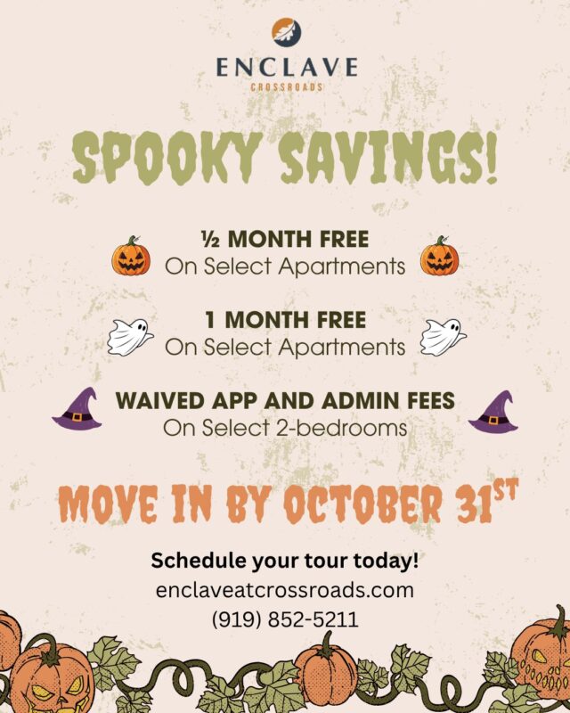 🎃 Your next home is waiting at Enclave at Crossroads. Don't miss these frightfully good offers before they disappear on October 31st! Schedule your tour today and let us help you find your perfect home. 🏡🍂